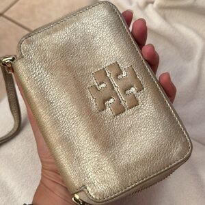 Tory Burch Metallic Silver Gold Wristlet Wallet Clutch – Authentic Leather